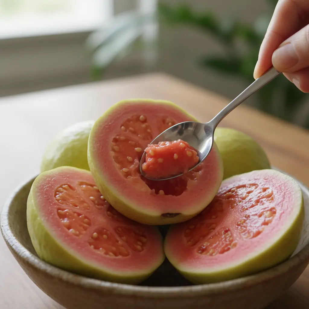 Guayabas rosadas cortadas en un bol, extrayendo semillas con cuchara.