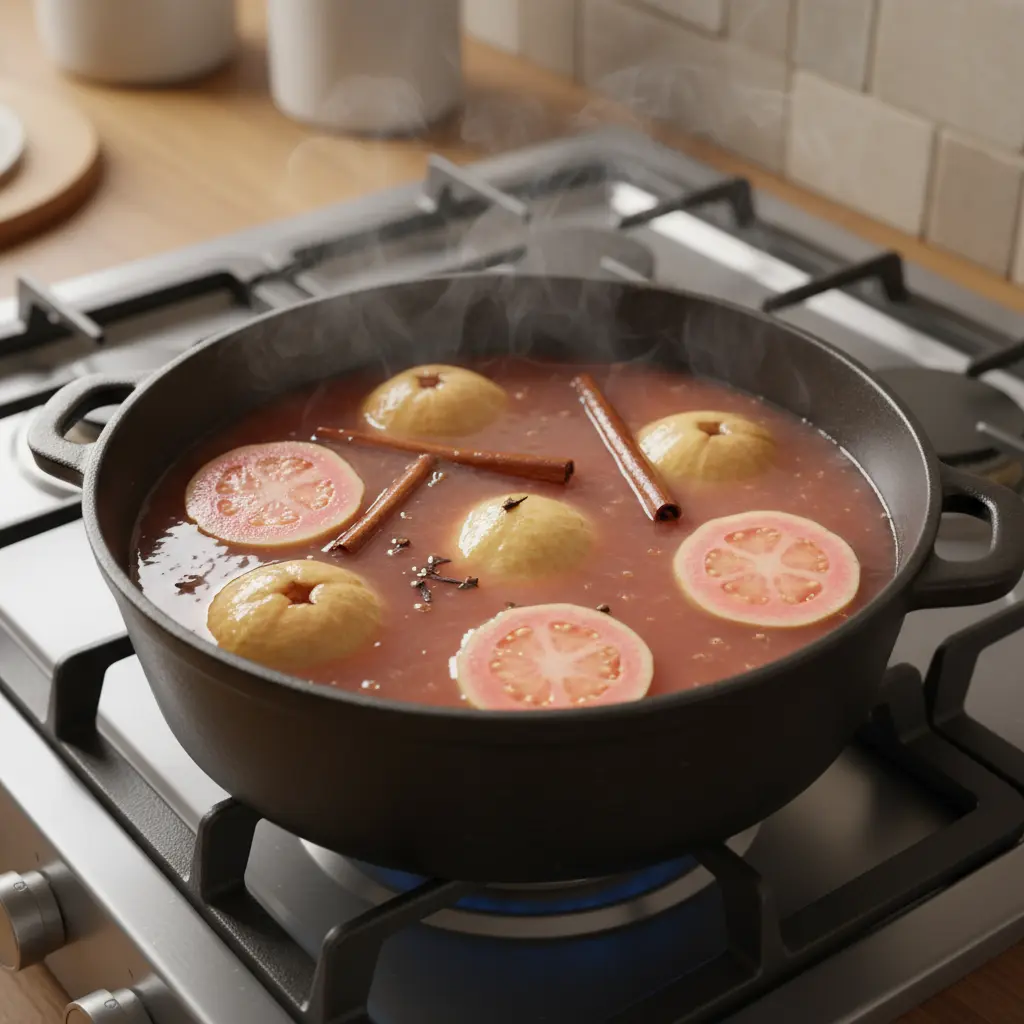 Olla con guayabas en almíbar rosa, canela y clavo. Cocina acogedora.