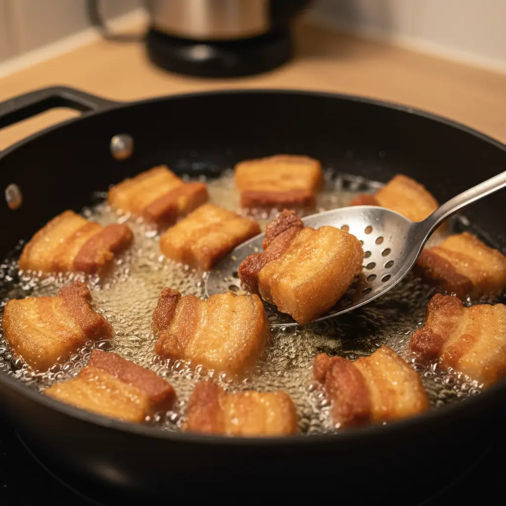 Panceta crujiente friéndose en aceite Chicharrones de panceta dorados y crujientes friéndose en aceite caliente.