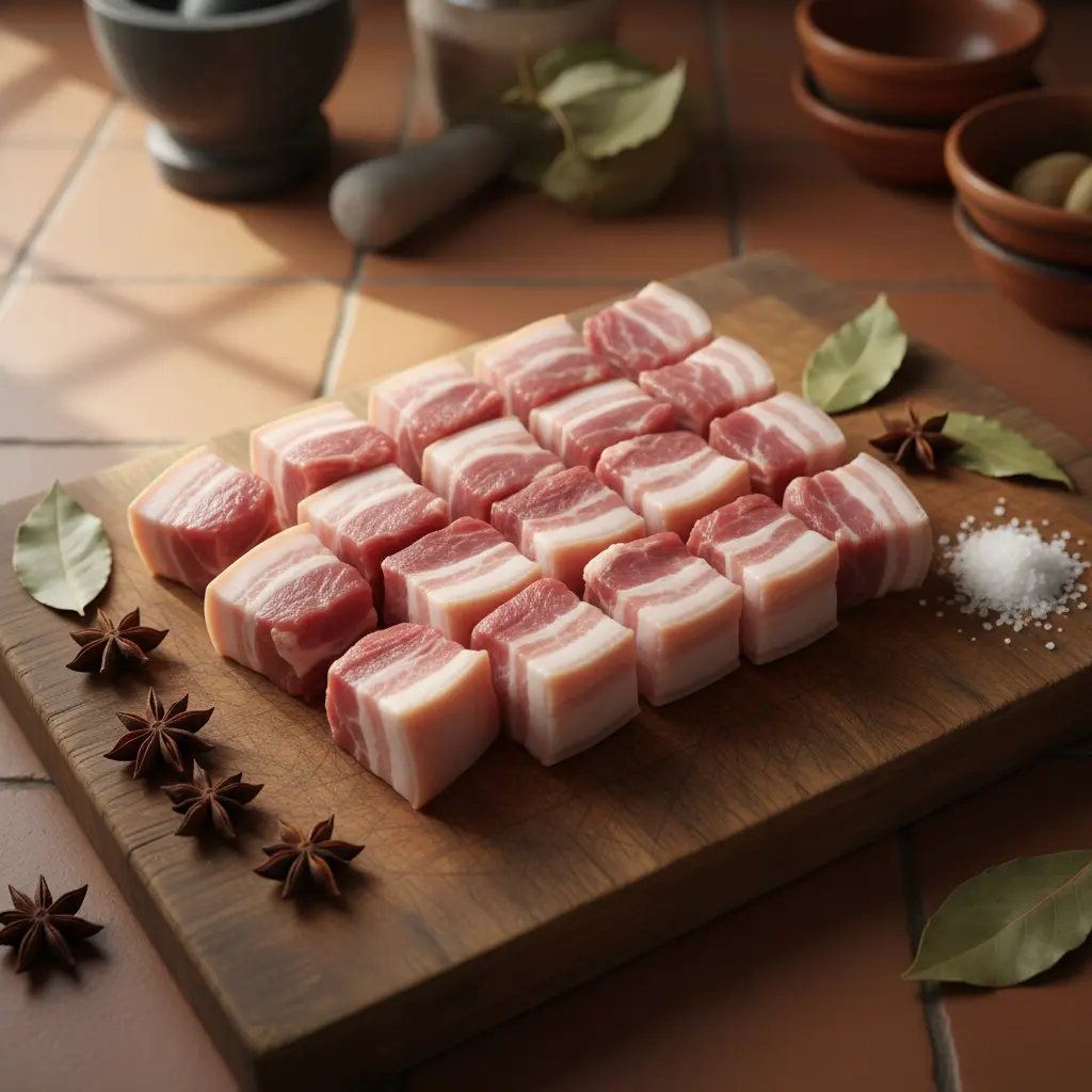 Panceta de cerdo cruda para cocinar Panceta de cerdo cruda en cubos con piel, anís estrellado y laurel en tabla rústica.