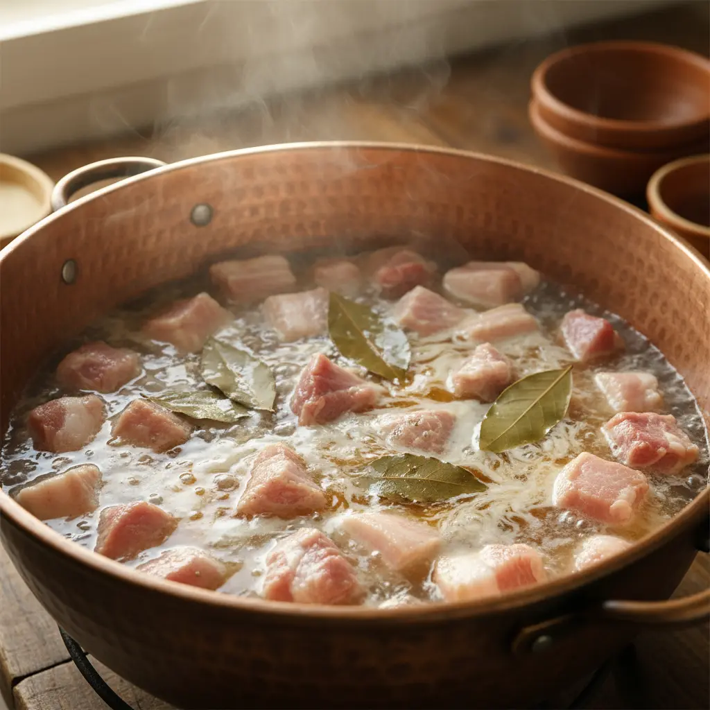 Panceta de cerdo cocinándose en caldero cubano Panceta de cerdo en cubos cocinándose en caldero cubano rústico con laurel.