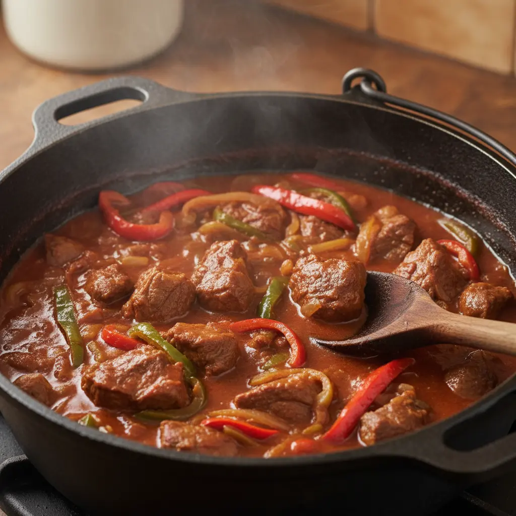 Cordero chilindrón en caldero cubano, salsa roja, pimientos, cebolla, cuchara madera.