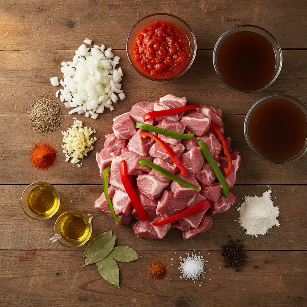 Ingredientes crudos para chilindrón de carnero cubano: cordero, pimientos, cebolla, ajo, tomate, vino.