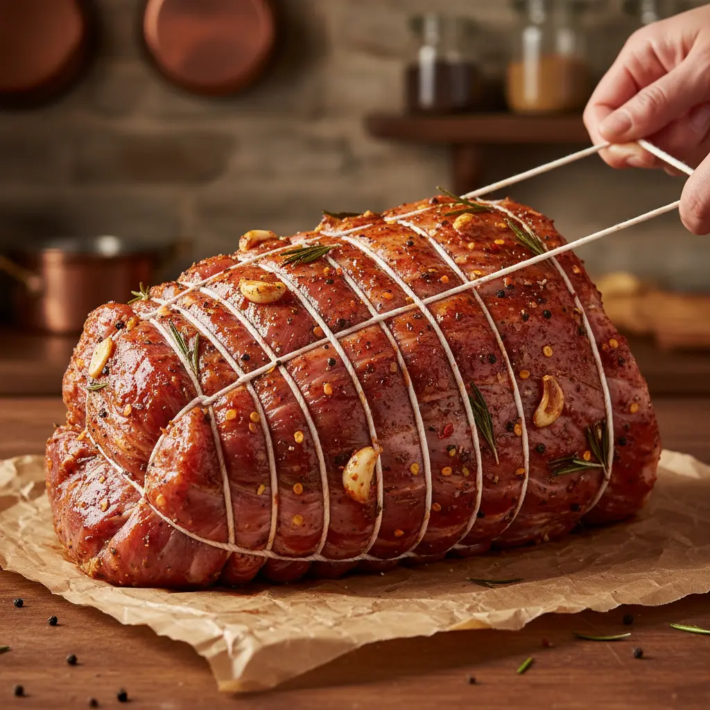 Cerdo marinado con ajo y especias, atado con hilo de cocina sobre papel de carnicero.
