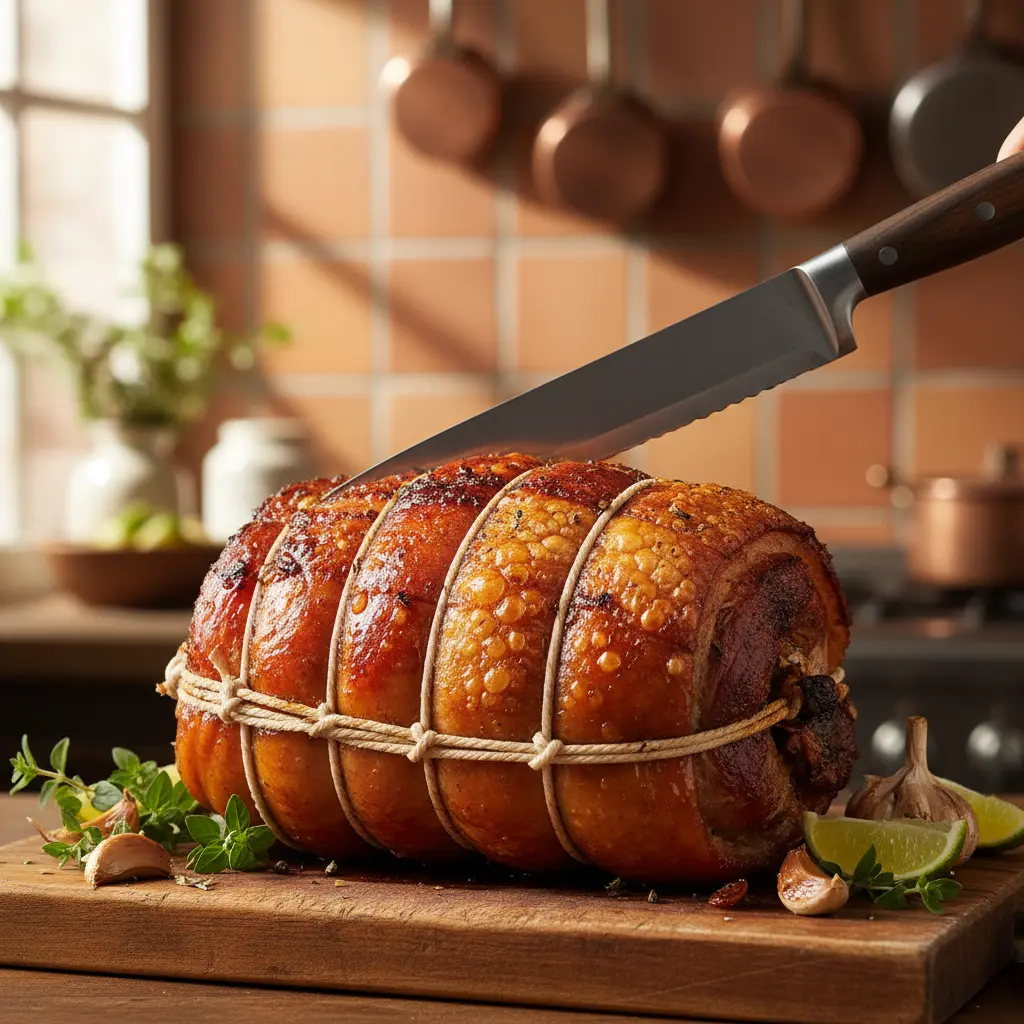 Lechón cubano asado, piel dorada y crujiente, listo para trinchar.