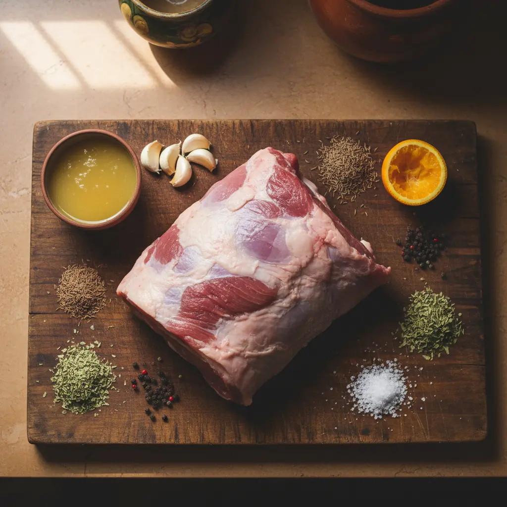 Paleta de cerdo cruda para enrollar con ajo, naranja agria, comino, orégano, sal y pimienta.