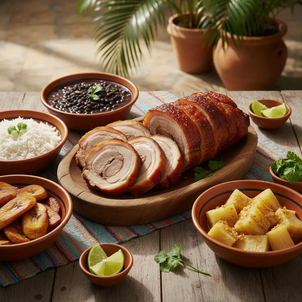 Plato de cerdo enrollado cubano con arroz, frijoles negros, maduros y yuca con mojo.