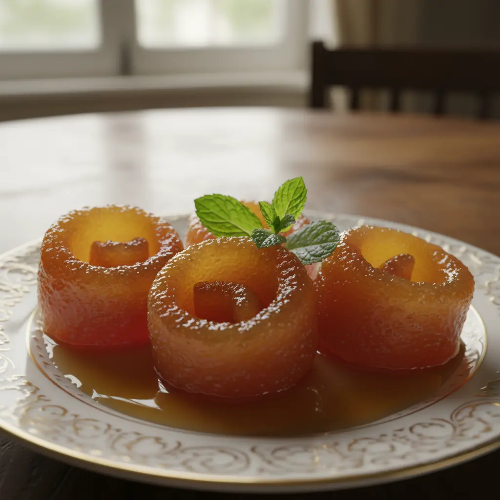 Casquitos de toronja cubanos, dulces de cáscara de pomelo, con sirope y menta.