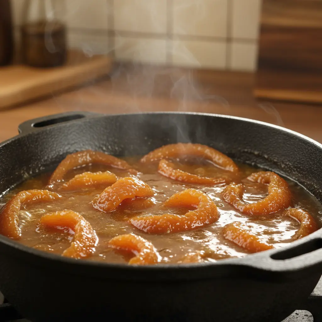 Casquitos de toronja dorados y translúcidos en almíbar espeso, cocinándose en caldero cubano.