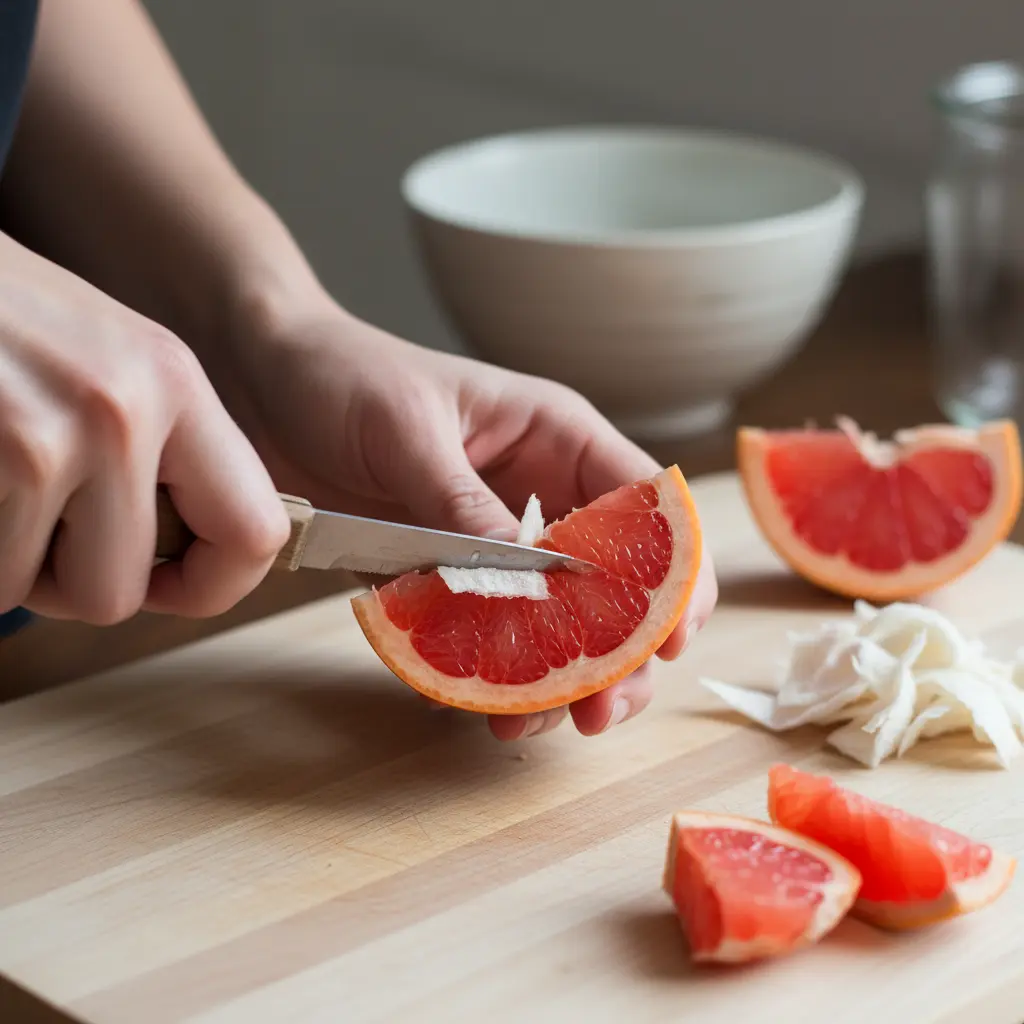 Mano quita pulpa blanca de pomelo con cuchillo para dulces
