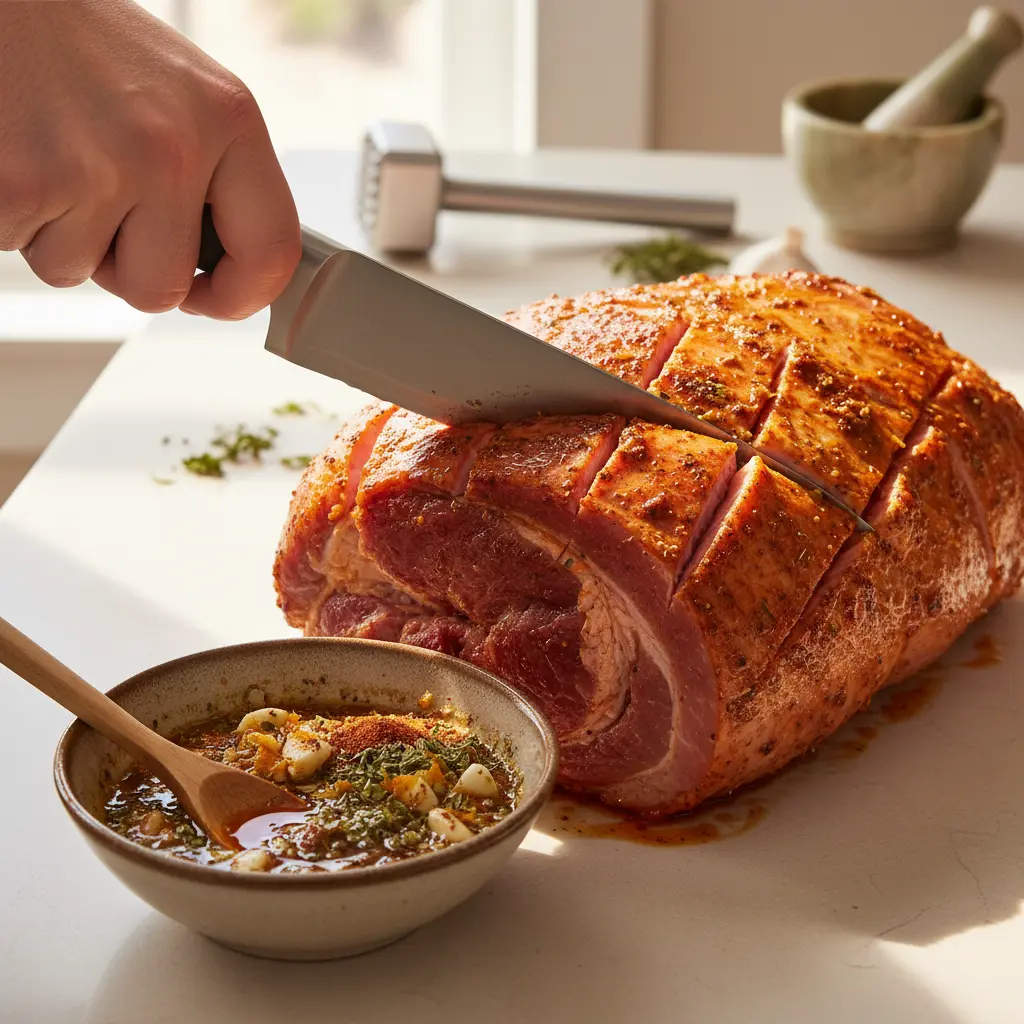 Preparación de Pernil: Cortes y Marinada Vibrante Mano con cuchillo haciendo incisiones profundas en pernil de cerdo marinado.