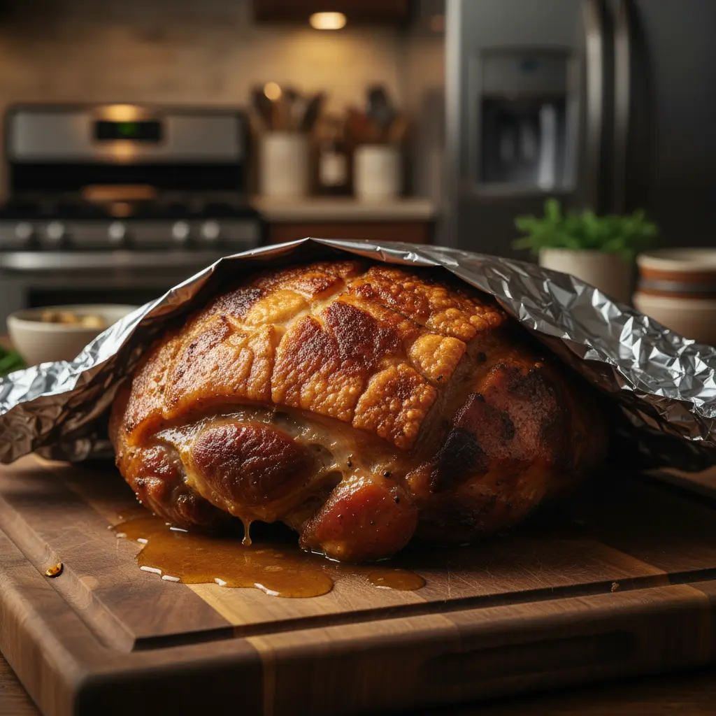 Pernil Asado Perfecto: Crujiente y Jugoso Pernil crocante dorado, piel inflada, jugoso, reposando en tabla de cocina.