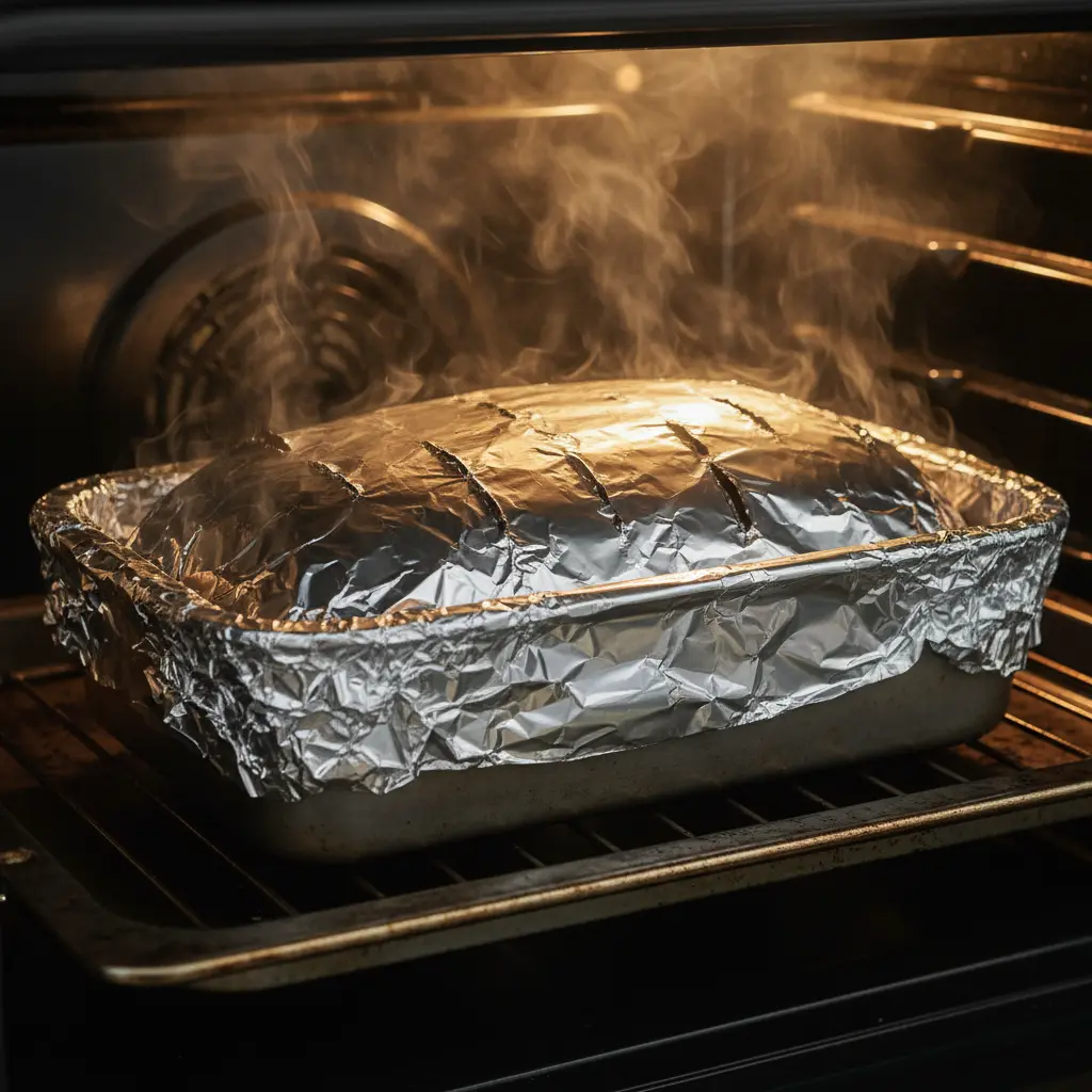 Pernil de cerdo asándose lentamente en horno Pernil de cerdo asándose en horno, cubierto con papel aluminio para cocción lenta.