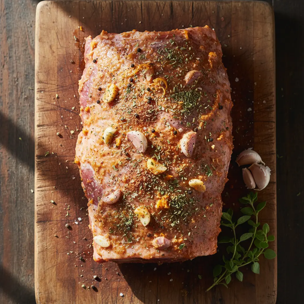 Pernil de cerdo cubano: preparación y marinado Pernil de cerdo crudo marinado con ajo, naranja agria y orégano en tabla de madera rústica.