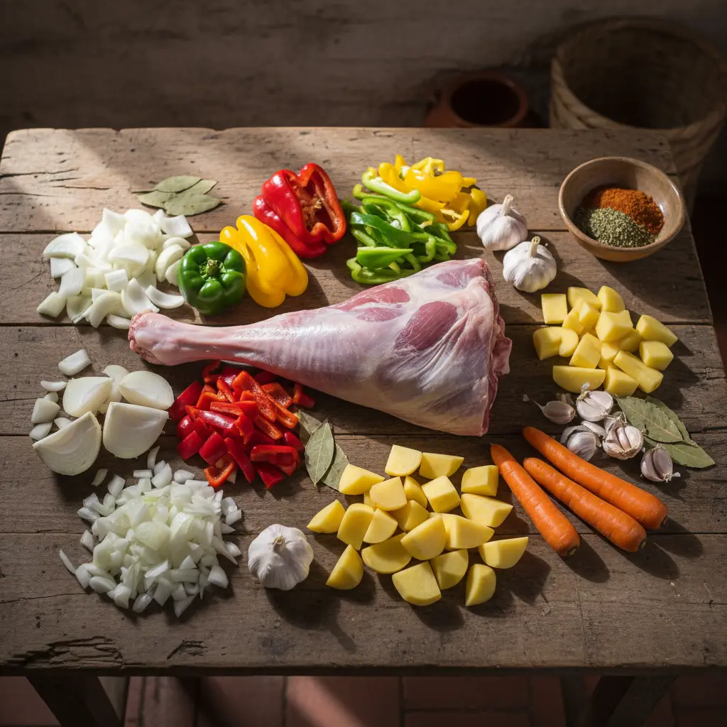 Ingredientes frescos para Carne de Cordero a la Campesina cubana: pierna de cordero, verduras, patatas, zanahorias, hierbas.