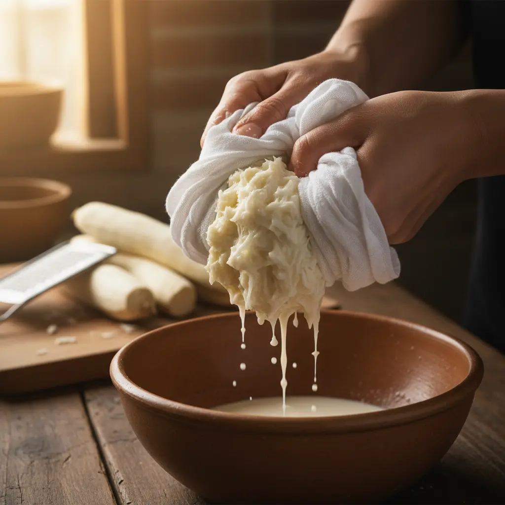 Extrayendo líquido de yuca: proceso casero Persona exprime pulpa de yuca rallada con paño blanco en cocina rústica.