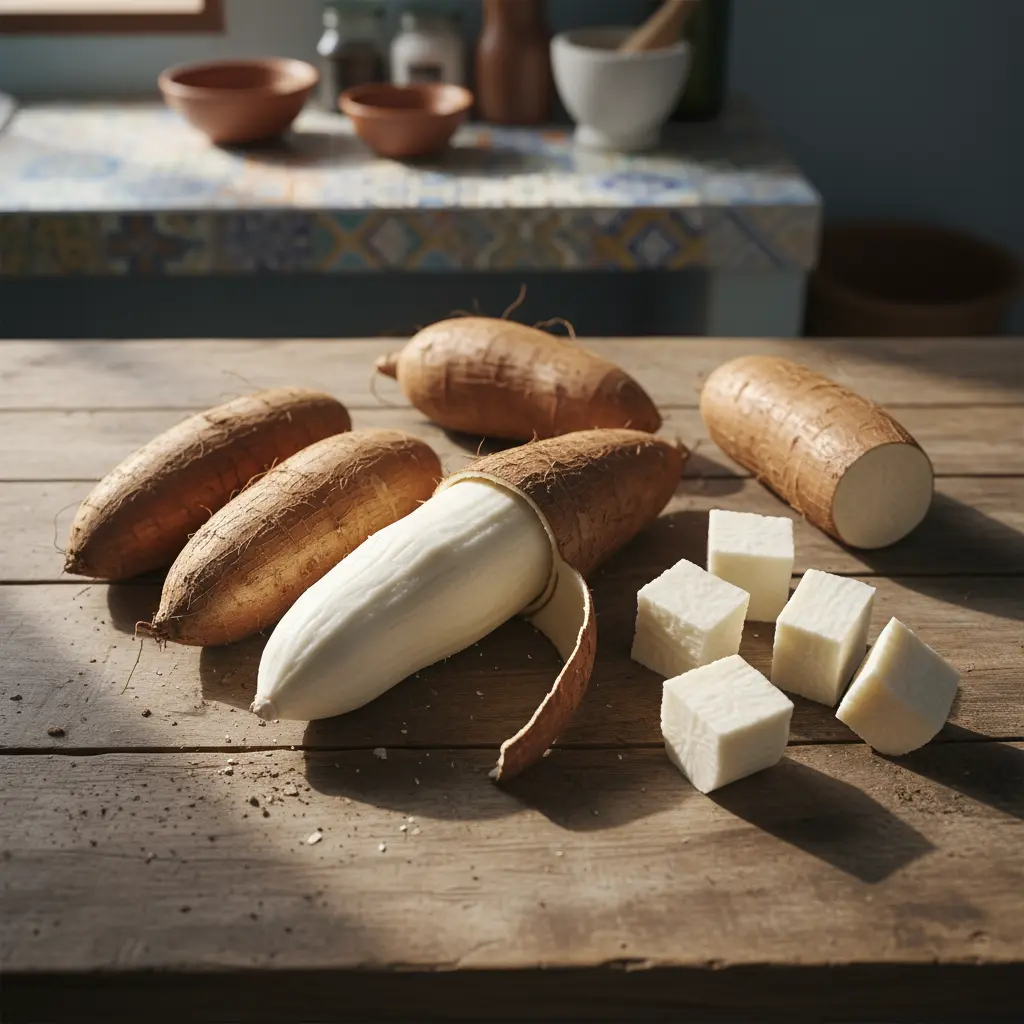 Yuca fresca en cocina cubana Raíces de yuca fresca, una pelada mostrando pulpa blanca, en mesa rústica.