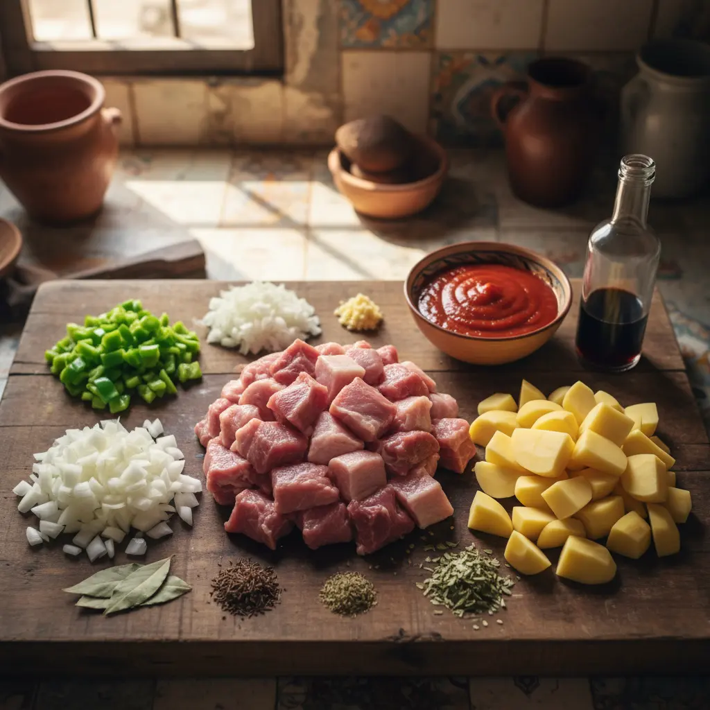 Ingredientes crudos para guiso de carne cubano: cerdo, patatas, cebolla, pimientos, ajo, tomate.