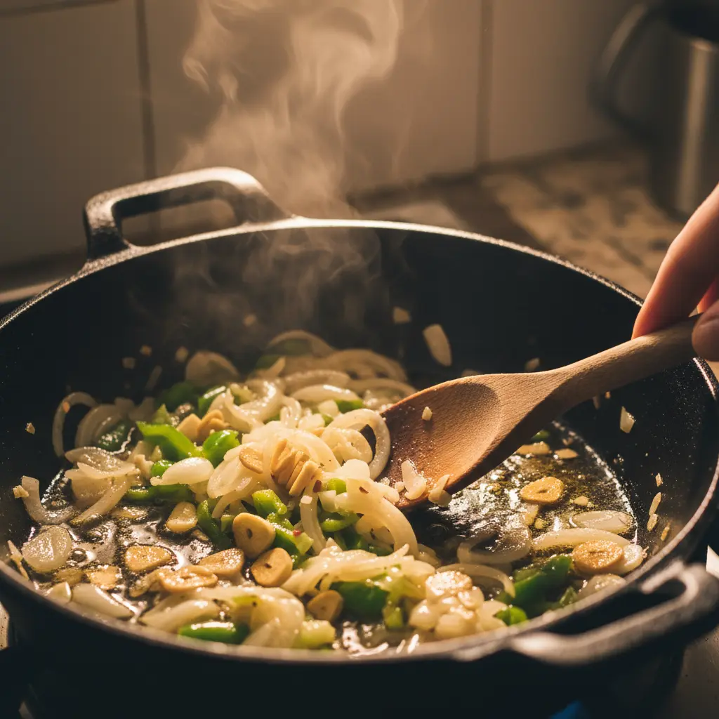 Soffritto de cebolla, pimiento verde y ajo en caldero cubano para guiso.
