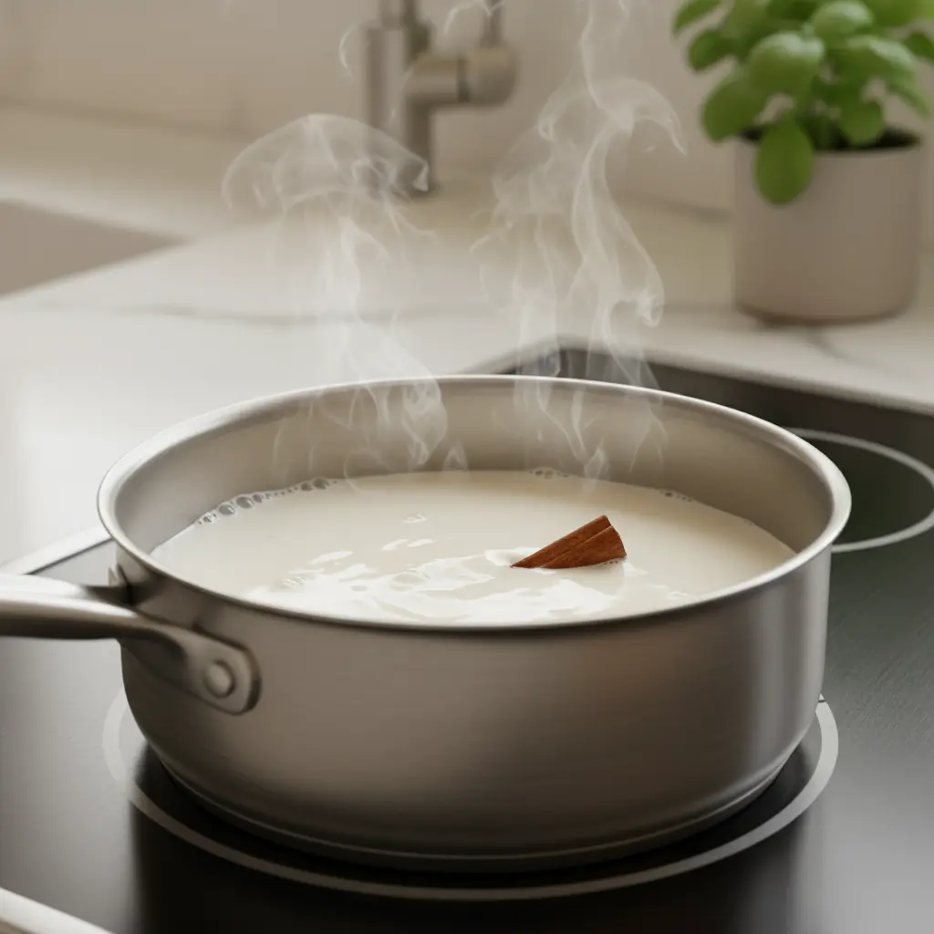 Cacerola de acero inoxidable calentando leche con canela, vapor suave