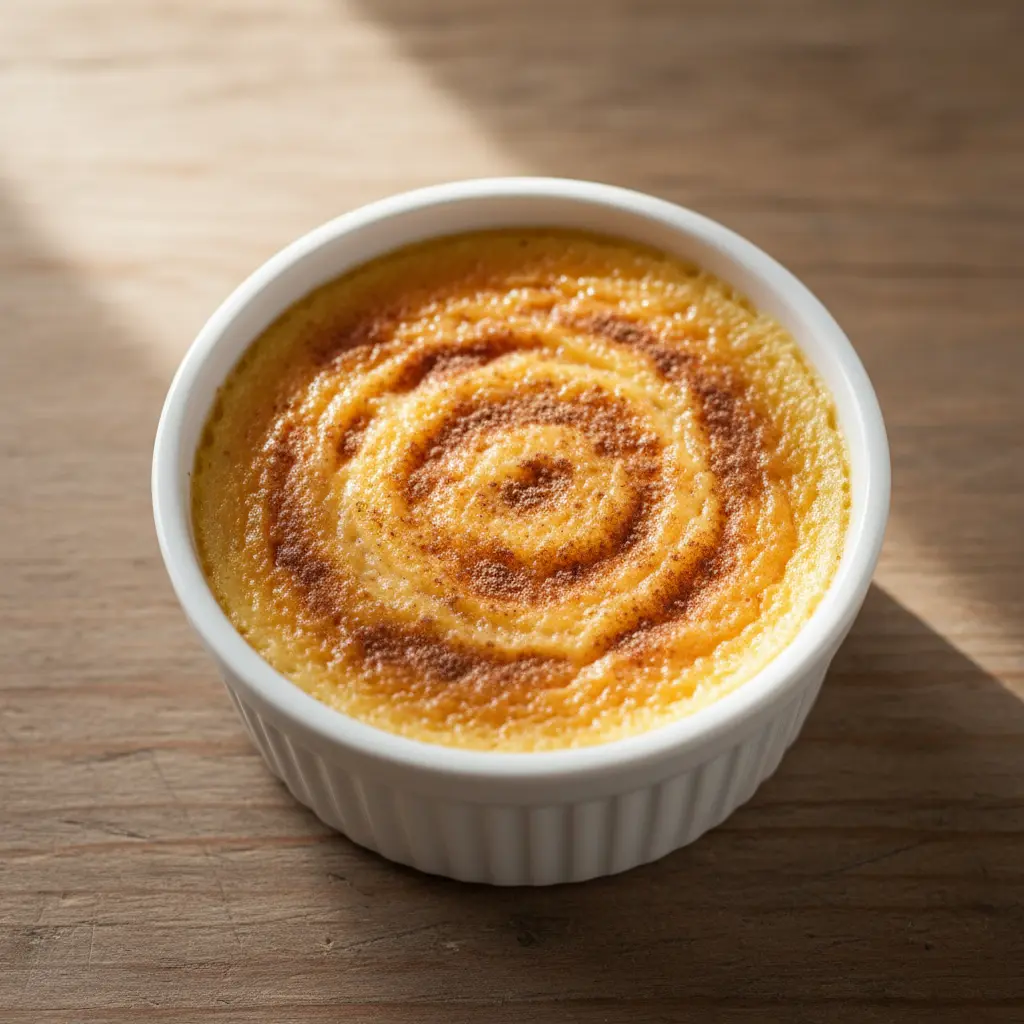 Natilla cubana casera en ramequín blanco con canela, luz natural.