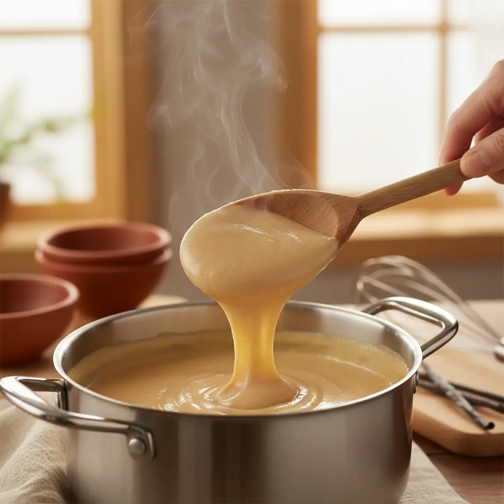 Natilla cubana cremosa espesa en cacerola, removida con cuchara de madera.