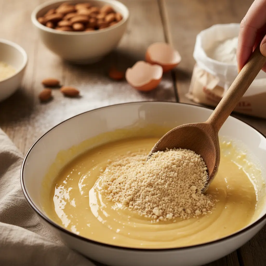 Cuchara de madera mezcla almendras molidas en masa Tarta de Santiago, foto de cocina.