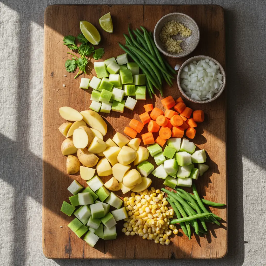 Ingredientes frescos para puré cubano: papas, zanahorias, chayote, judías, maíz, ajo y cebolla.
