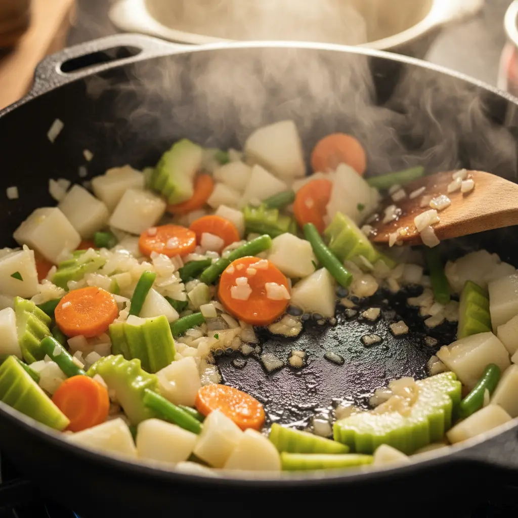Verduras cubanas (papa, zanahoria, chayote, habichuelas) salteando en caldero con cebolla y ajo.