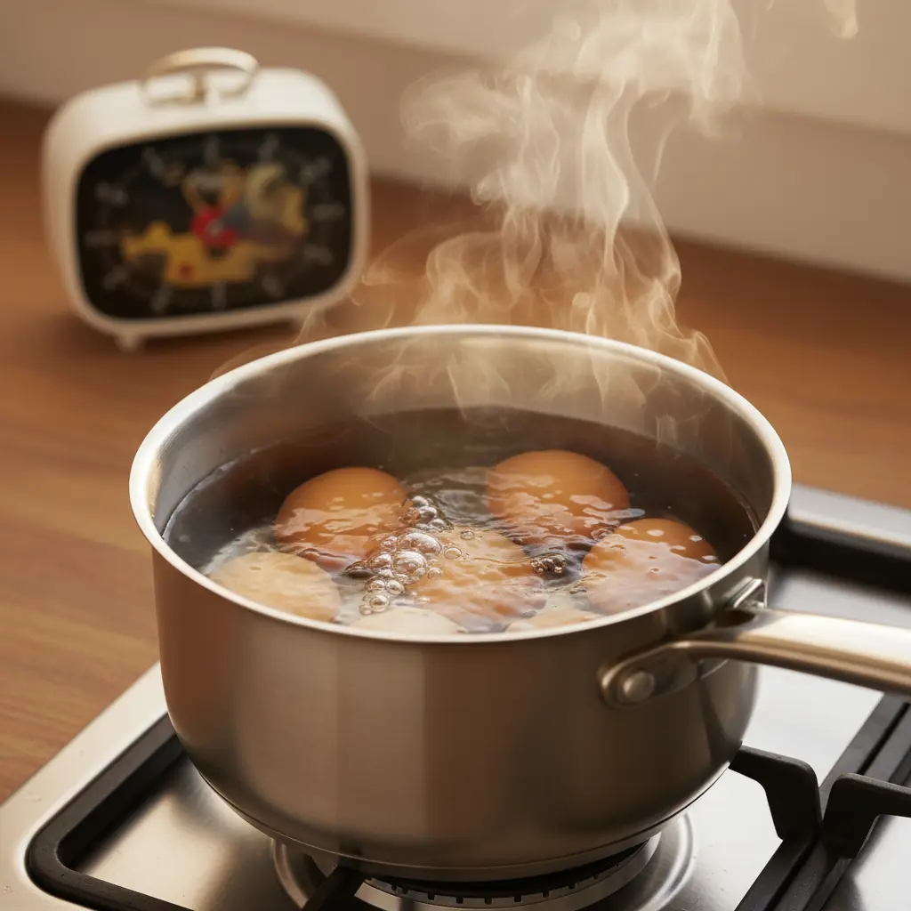 Huevos escalfados en olla con agua hirviendo a fuego lento, temporizador a 7 minutos.