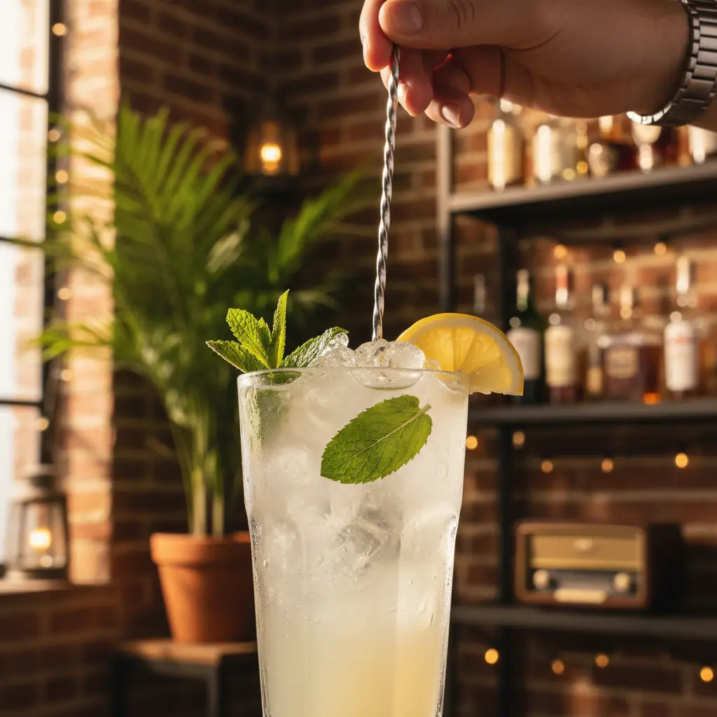 Cóctel cubano de ron y limonada: preparación Mano mezclando cóctel cubano de ron y limonada en vaso alto con hielo y menta.