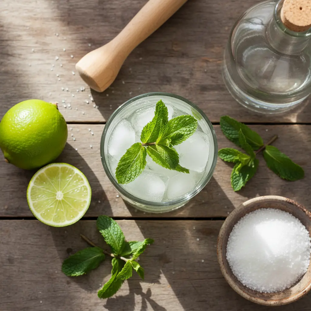 Ingredientes frescos para Mojito: menta, limas, hielo y azúcar en madera rústica.