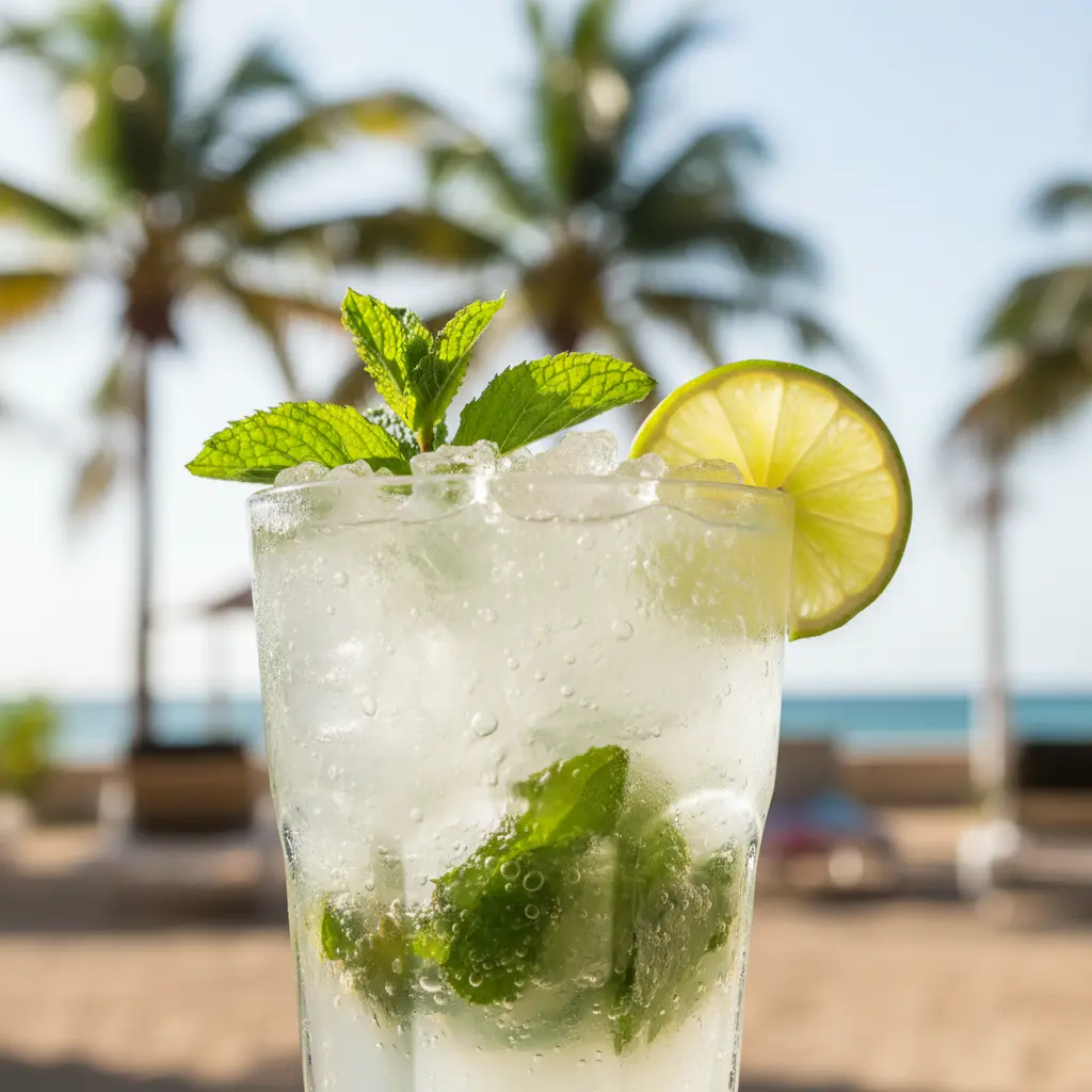 Mojito de ron blanco refrescante con menta, hielo y lima en vaso alto.