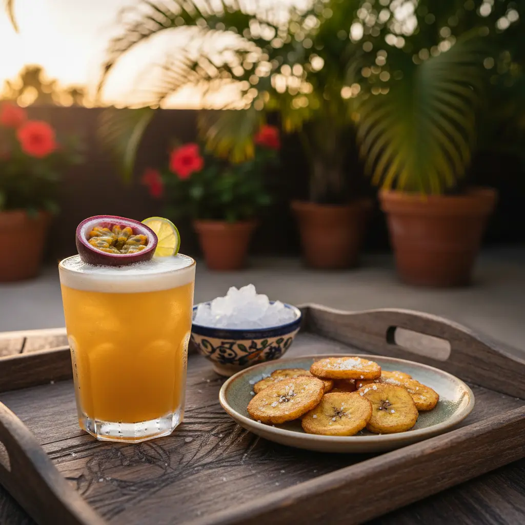 Daiquiri de maracuyá cubano con tostones salados en bandeja rústica.