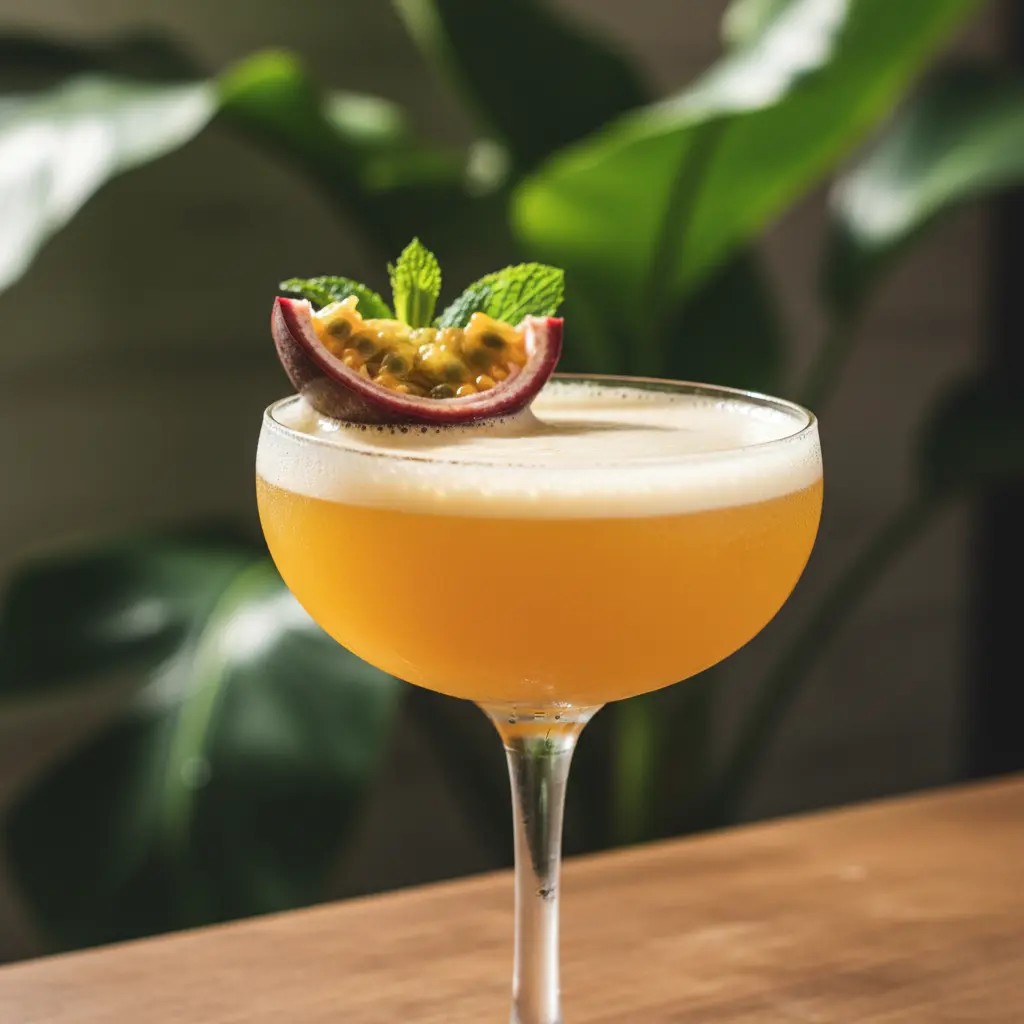 Daiquiri de maracuyá cubano perfecto, naranja-amarillo, espuma, menta, en vaso coupe frío.