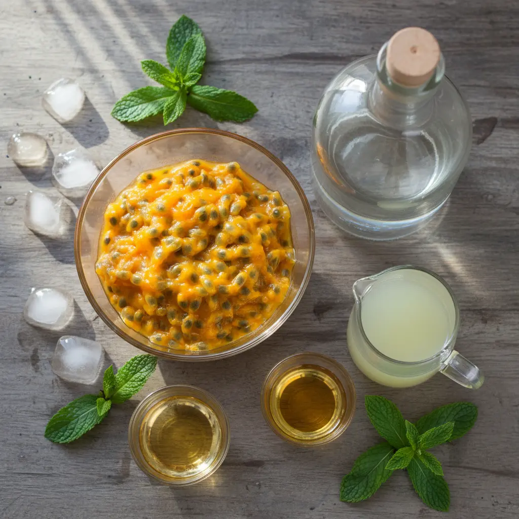 Ingredientes frescos para daiquirí de maracuyá cubano: pulpa de maracuyá, ron blanco, lima, sirope y menta.