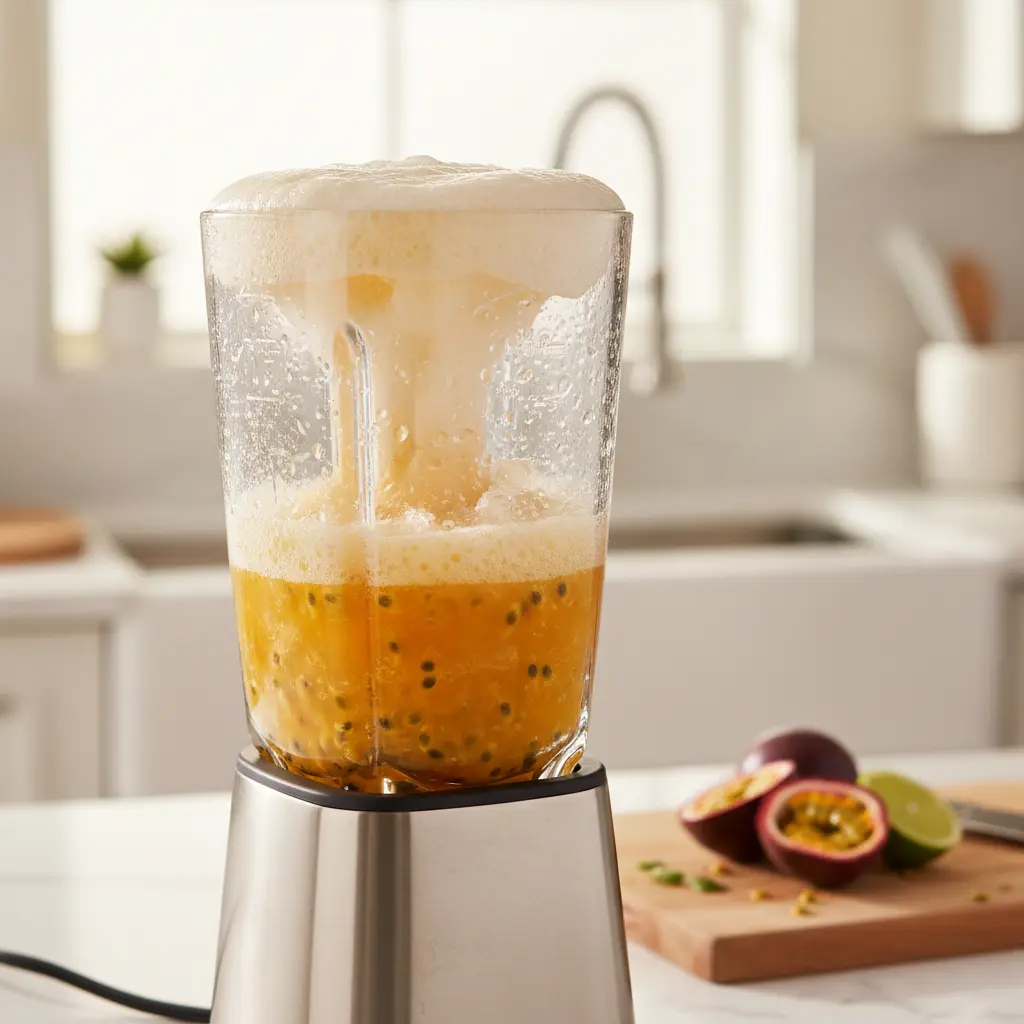 Licuadora de alta velocidad mezclando daiquiri de maracuyá, líquido naranja vibrante y hielo espumoso.