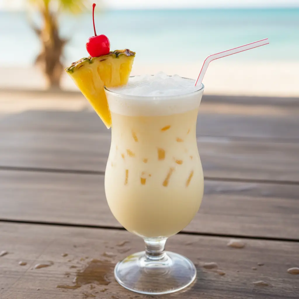 Piña colada cubana cremosa, alta vista, con cereza y piña fresca.