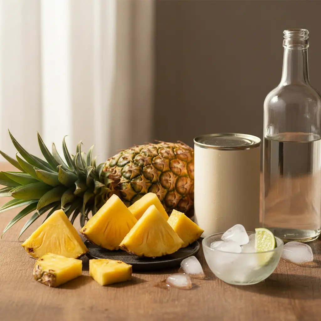 Piña fresca, ron cubano y leche de coco para piña colada auténtica.