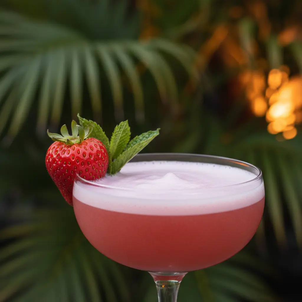 Daiquiri de fresa perfecto en copa coupe, rosa vibrante, fresa y menta.