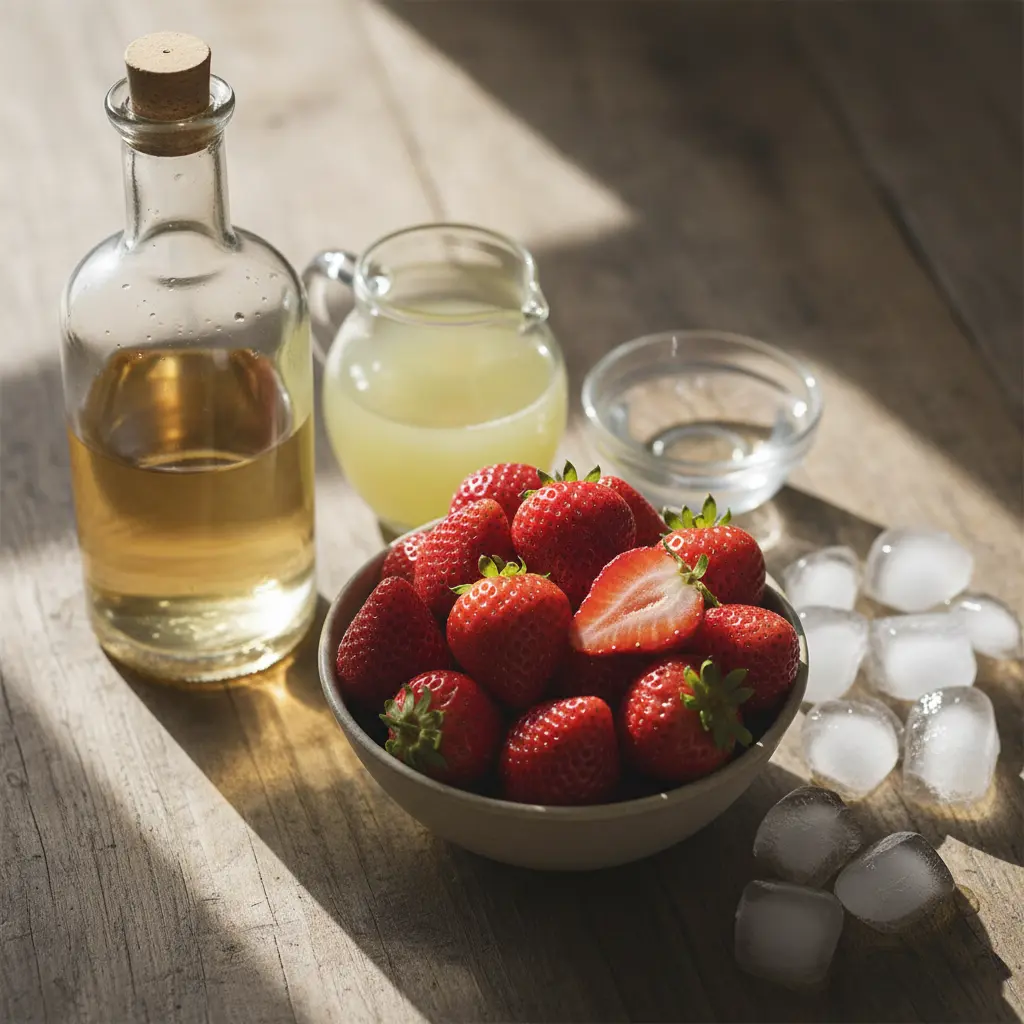 Ingredientes frescos para daiquiri de fresa cubano: fresas, ron, lima, sirope, hielo.