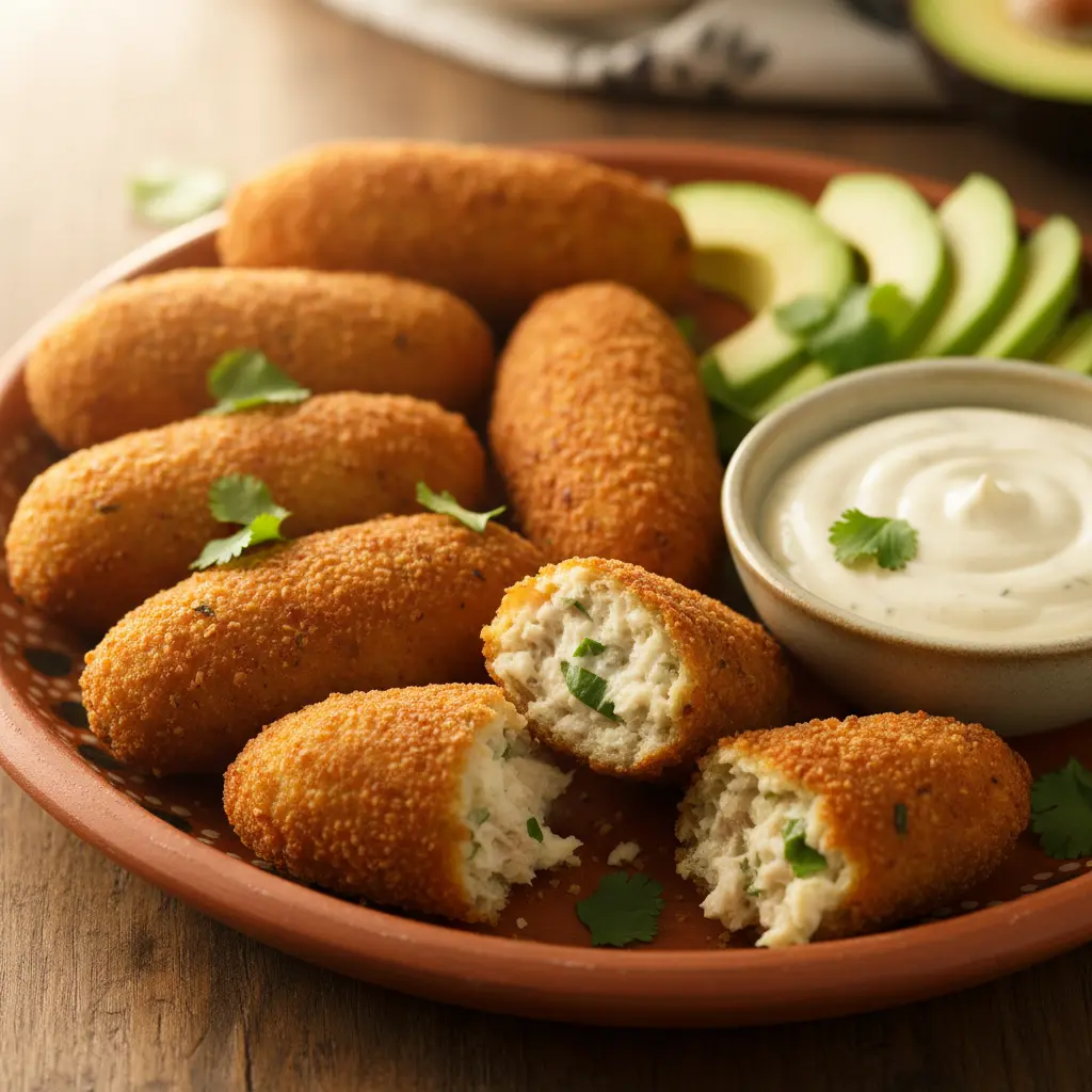 Croquetas de atún cubanas doradas, cremosas por dentro, con aguacate y alioli.