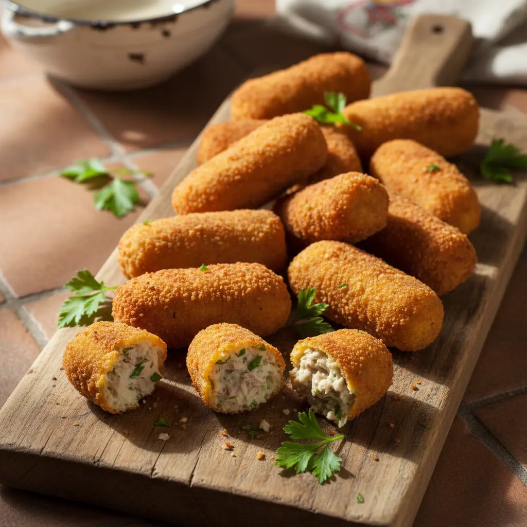 Croquetas de atún cubanas doradas, cremosas por dentro, con perejil fresco.