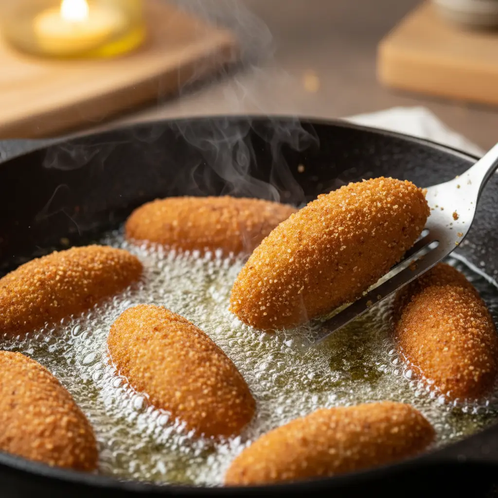 Croquetas de atún cubanas dorándose en aceite caliente en caldero, burbujas y vapor.