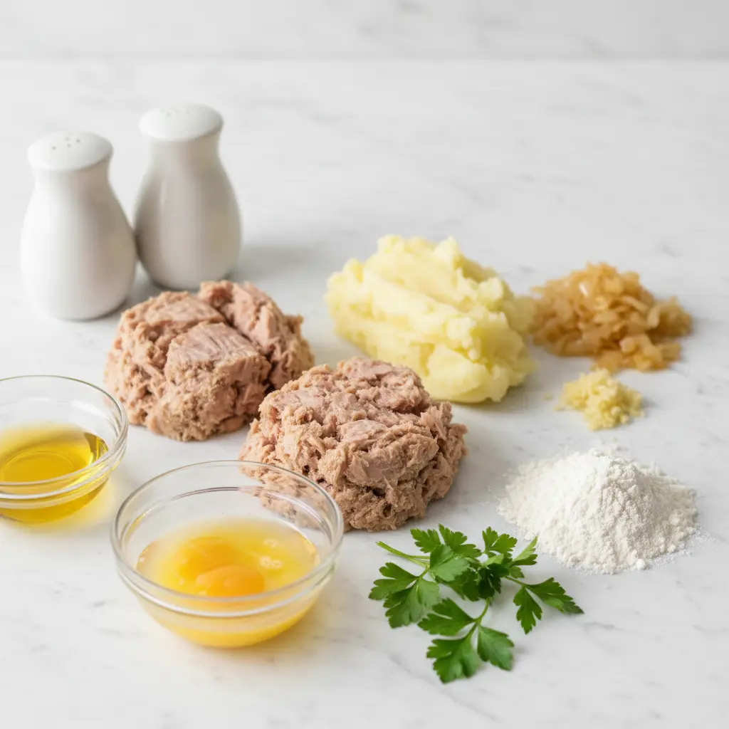 Ingredientes para croquetas de atún: atún, patatas, cebolla, ajo, huevo, harina, perejil, sal, pimienta, aceite.