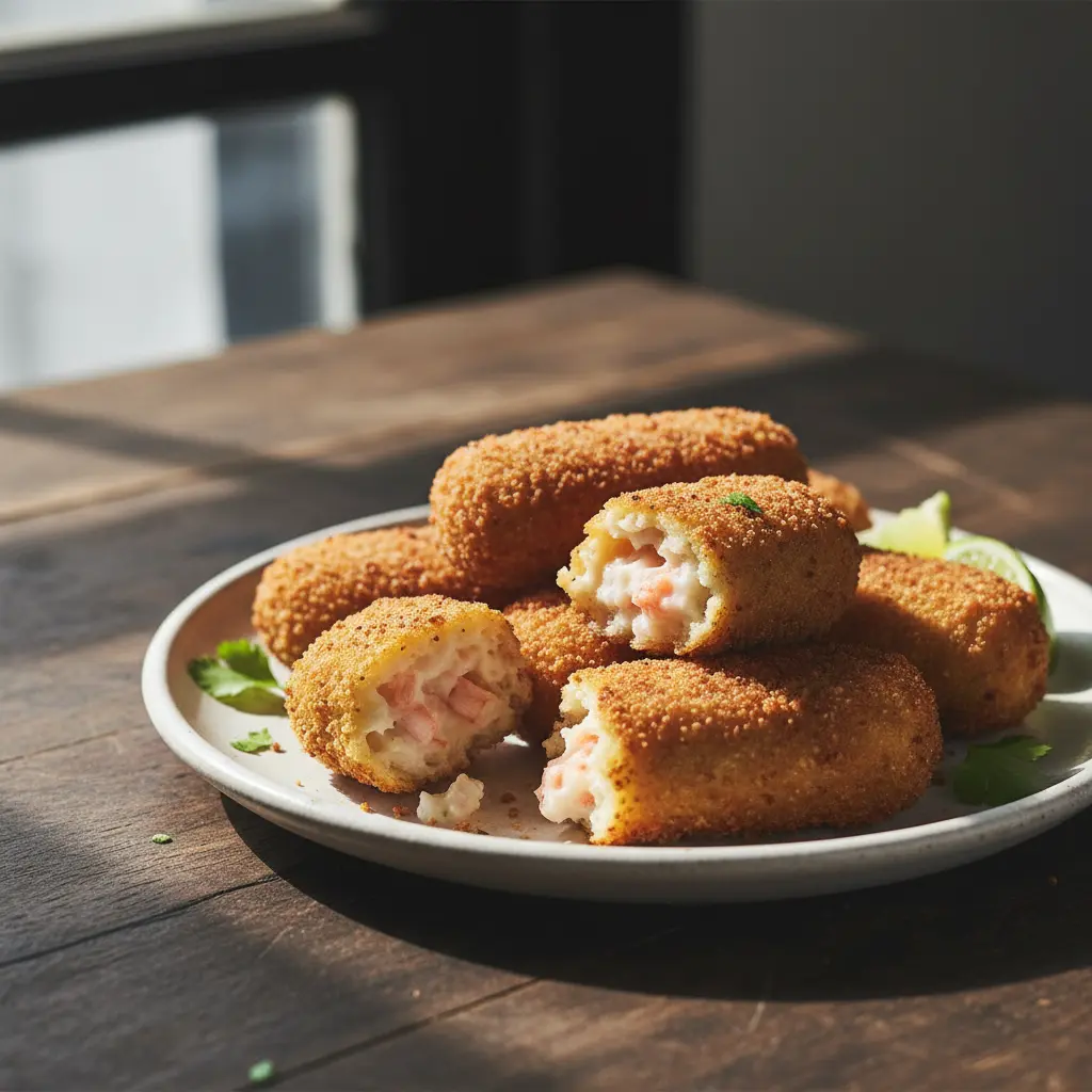 Croquetas cubanas doradas, cremosas y con trozos de camarón, en plato rústico.