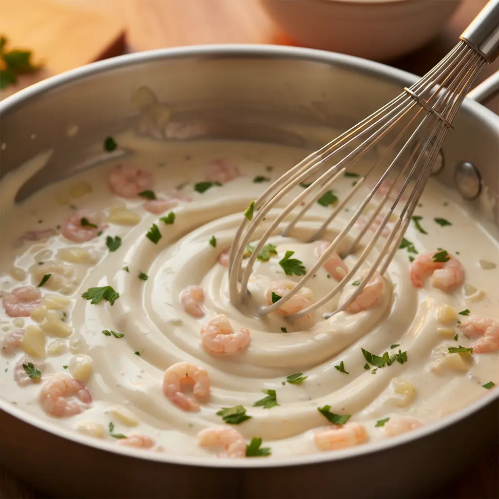 Salsa bechamel cremosa con camarones y perejil en cacerola de acero inoxidable.