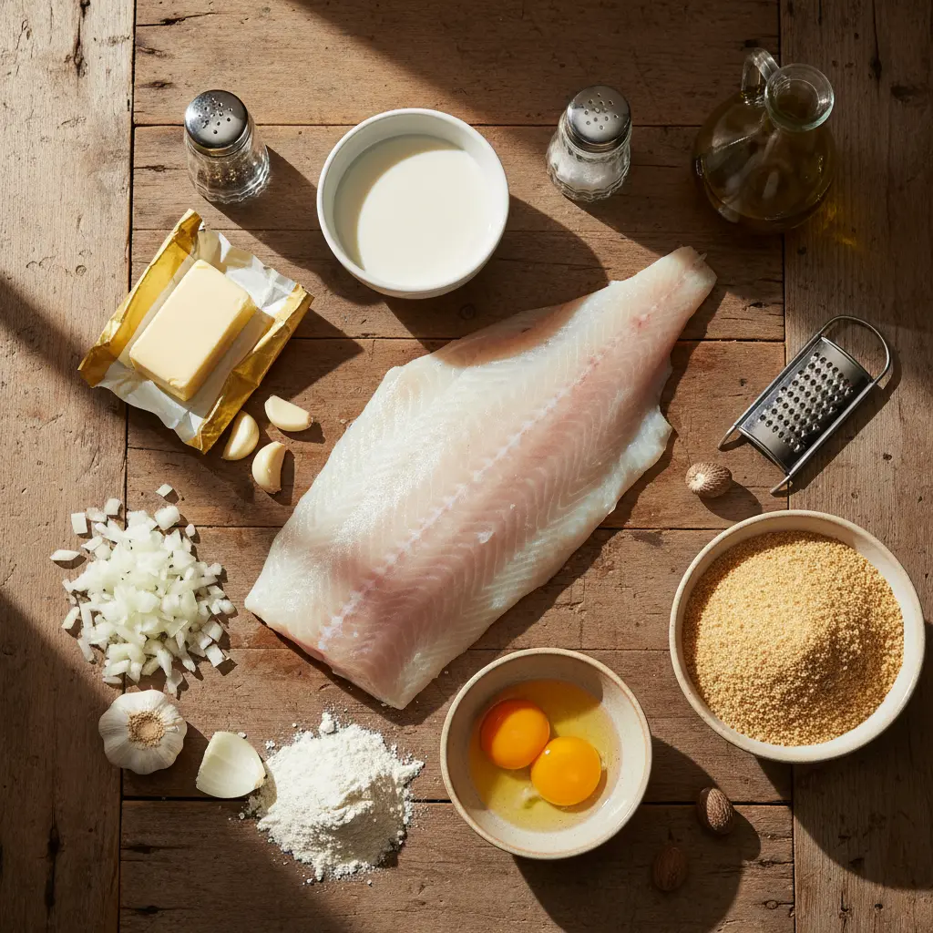 Ingredientes frescos para croquetas de bacalao: bacalao salado, leche, mantequilla, harina, cebolla, ajo, nuez moscada, huevos, pan rallado, aceite.