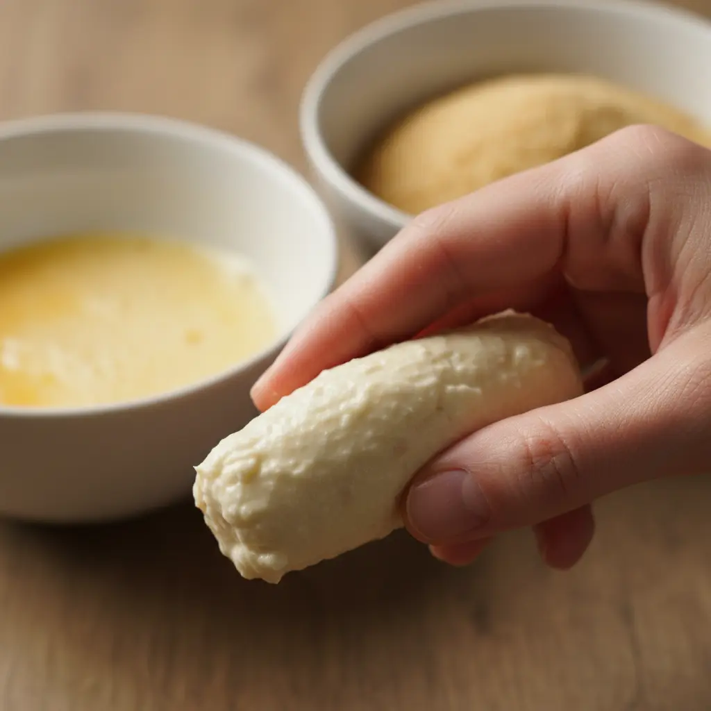 Mano forma croquetas bacalao cubanas, mezcla cremosa, huevo y pan rallado fondo.
