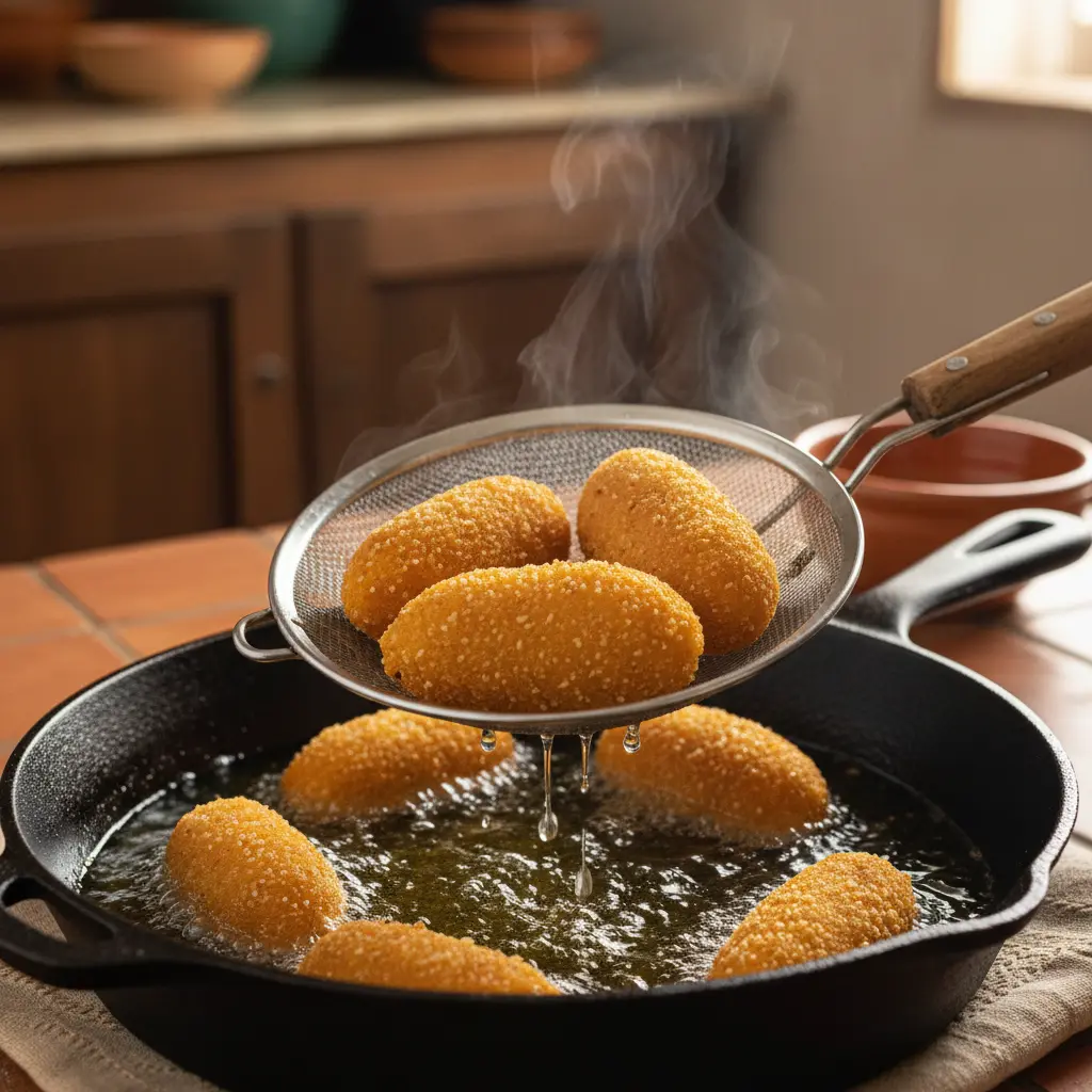 Croquetas de boniato dulce doradas friéndose en aceite burbujeante, con espumadera.